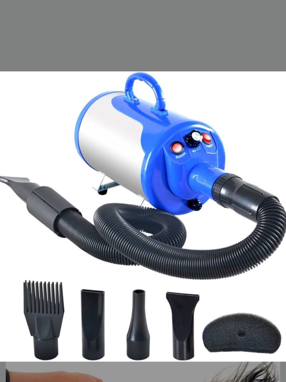 Shelandy Blue Pet Grooming Dryer with Hose and 5 Nozzle Attachments